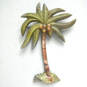 Vintage Palm Tree Brooch Pin Plastic Metal Tropical Design Large Coconuts 1940
